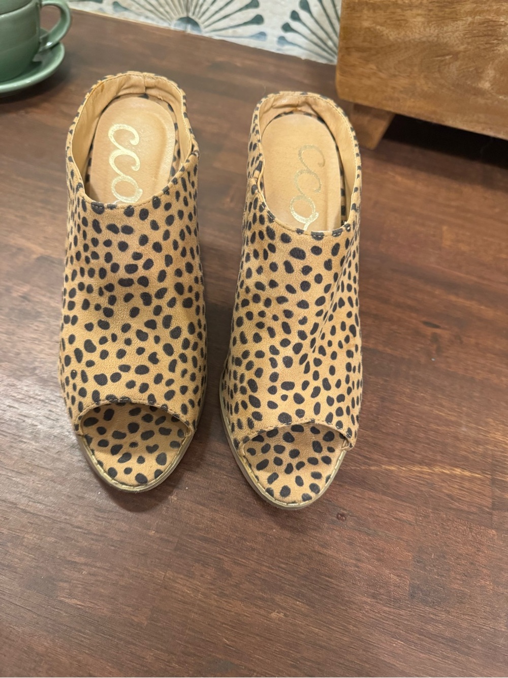 CCOCCI Tan and Black Leopard Peep-Toe Mule Heels